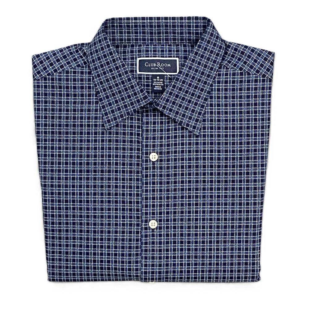 Club Room Dress Shirt Men's Medium 15-15.5 32/33 Slim Fit Blue Check Print NWOT